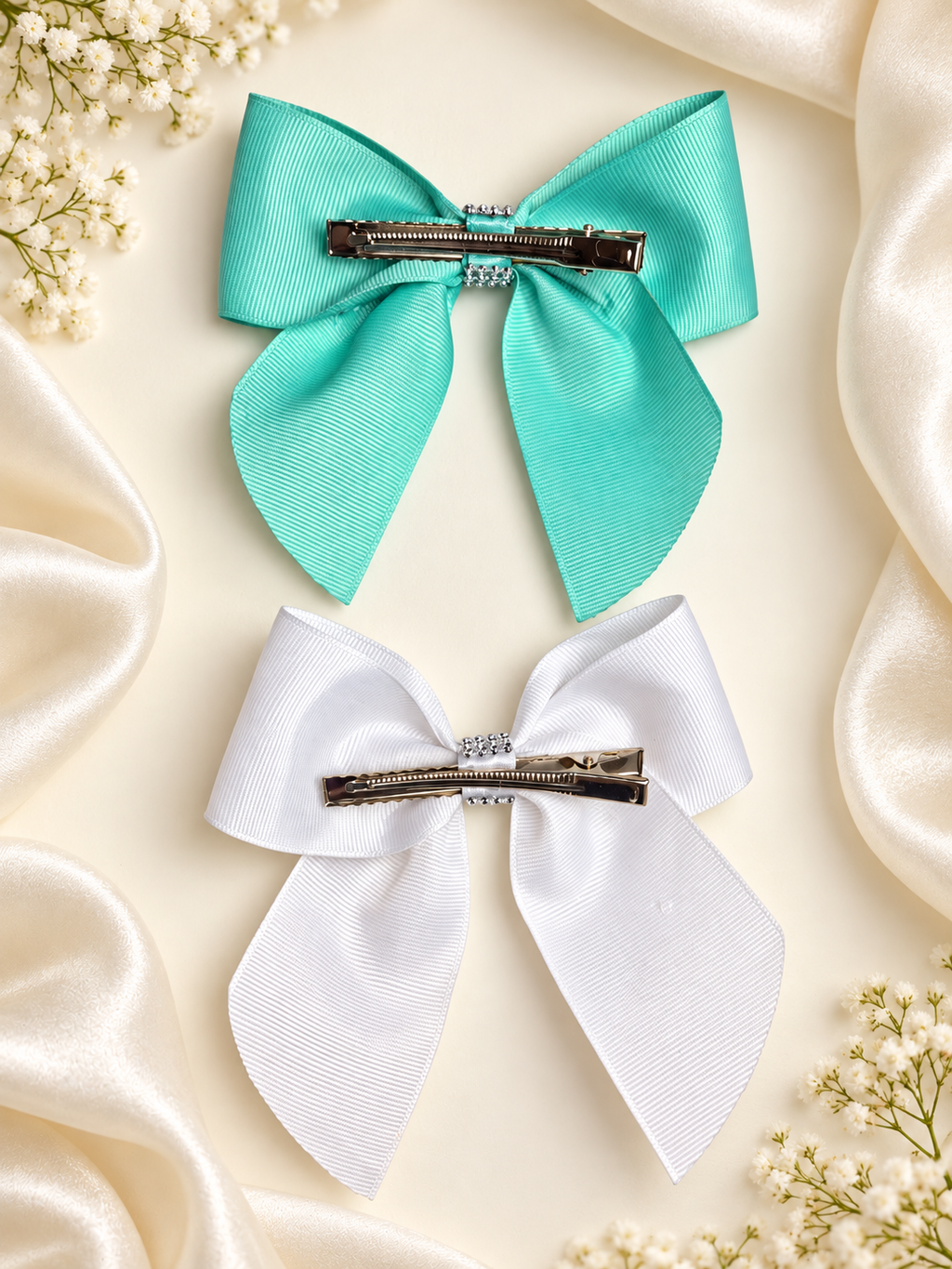 Ensemble de 2 nœuds pour cheveux faits main, vert menthe et blanc avec strass