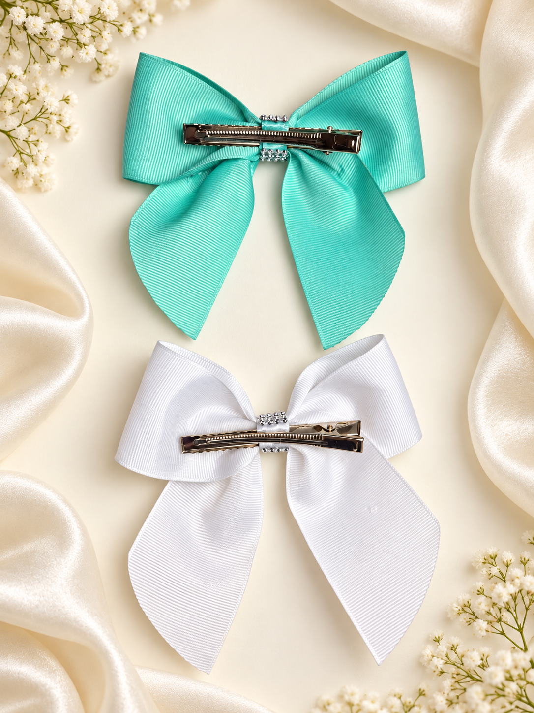 Mint Green & White Rhinestone Bow Set – 2 Handmade Hair Bows