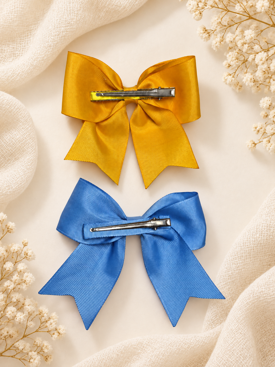 Set of 2 Grosgrain Ribbon Hair Bows – Mustard & Blue
