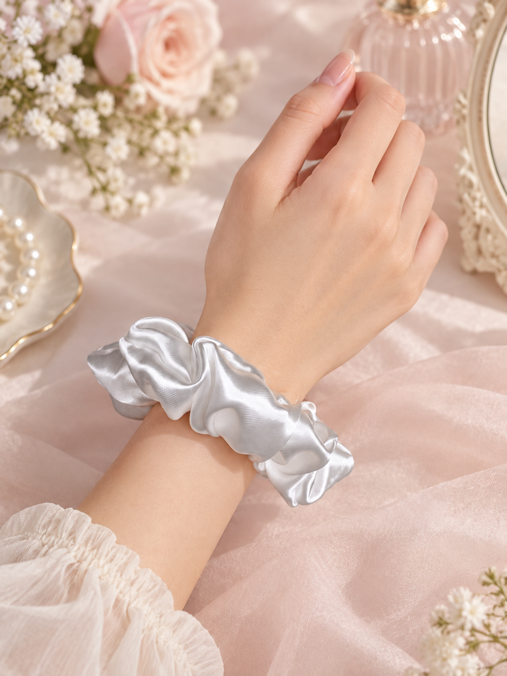 Elegant White Satin Scrunchie – Handmade Hair Accessory