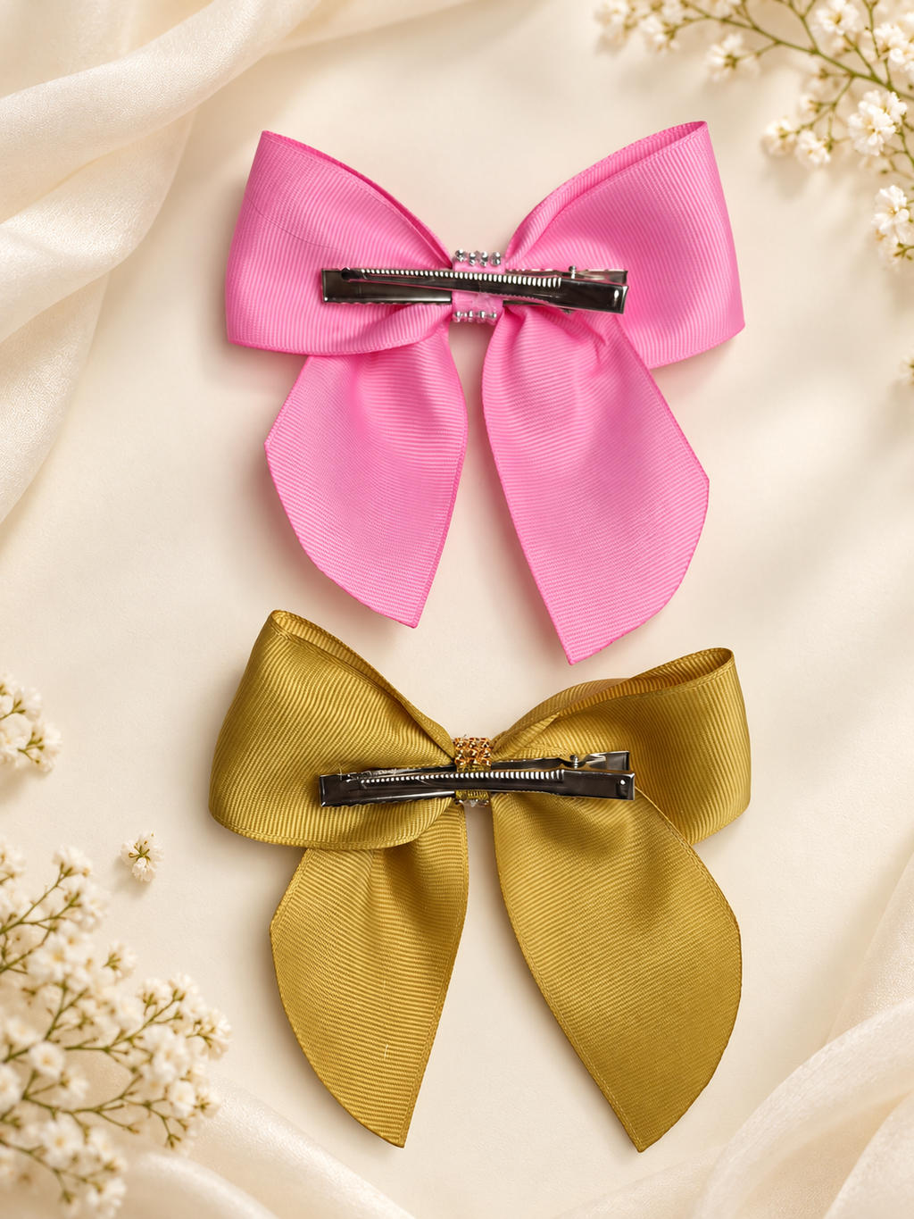 Set of 2 Long-Tail Hair Bows – Pink & Mustard