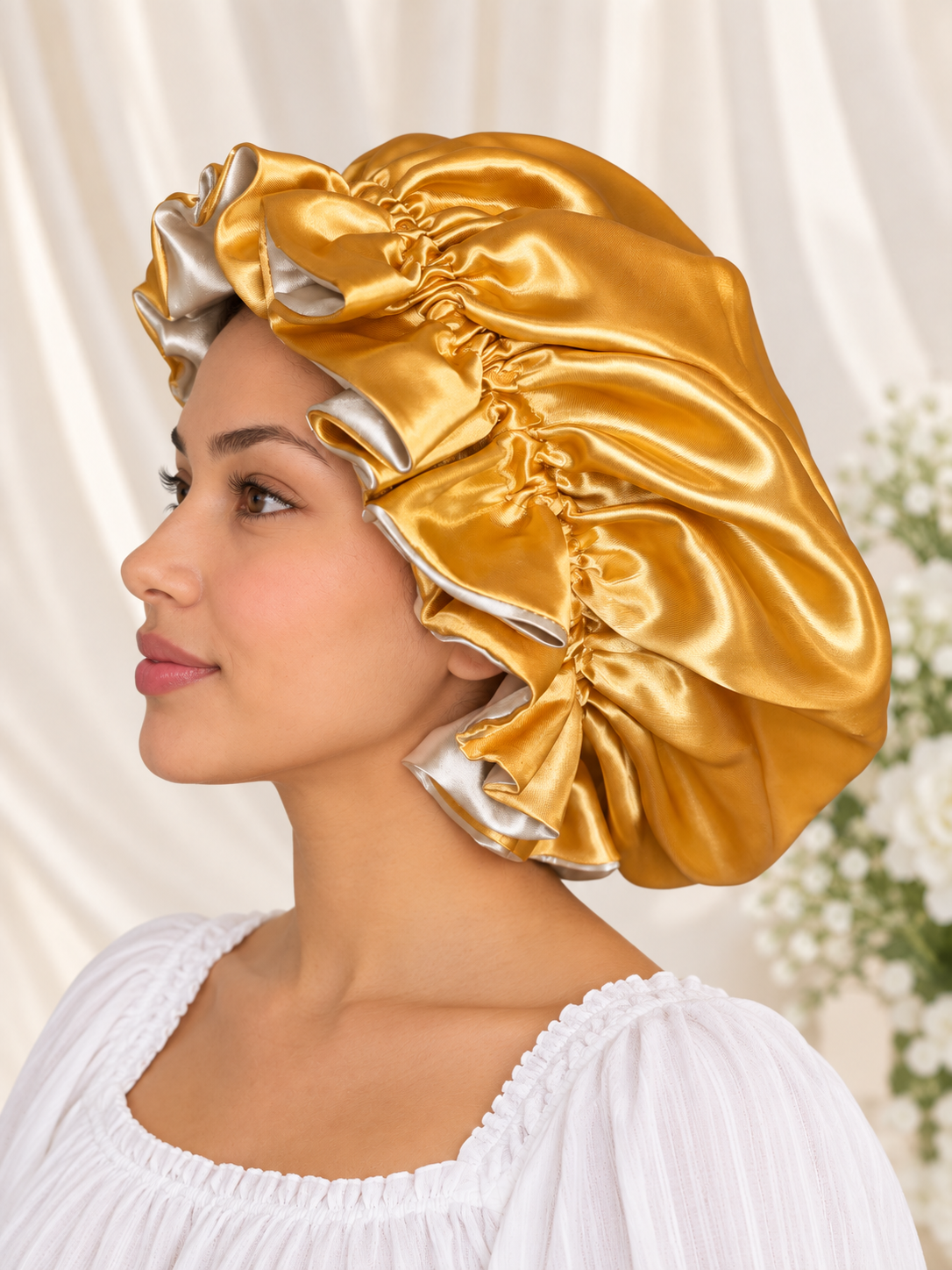 Gold & Silver Reversible Satin Bonnet – Handmade Double Layer