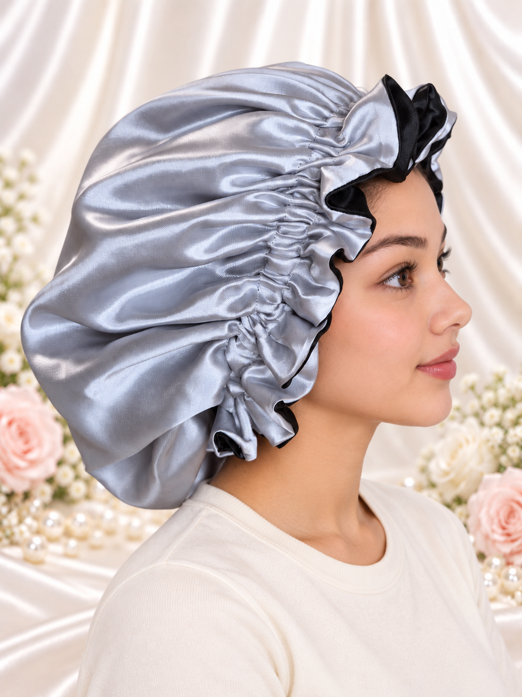 Silver Gray & Black Reversible Satin Bonnet