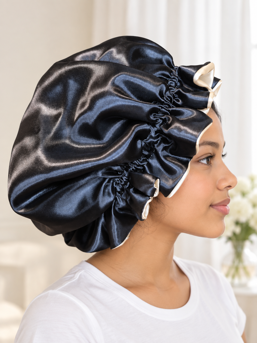 Black & Champagne Reversible Satin Bonnet – Handmade
