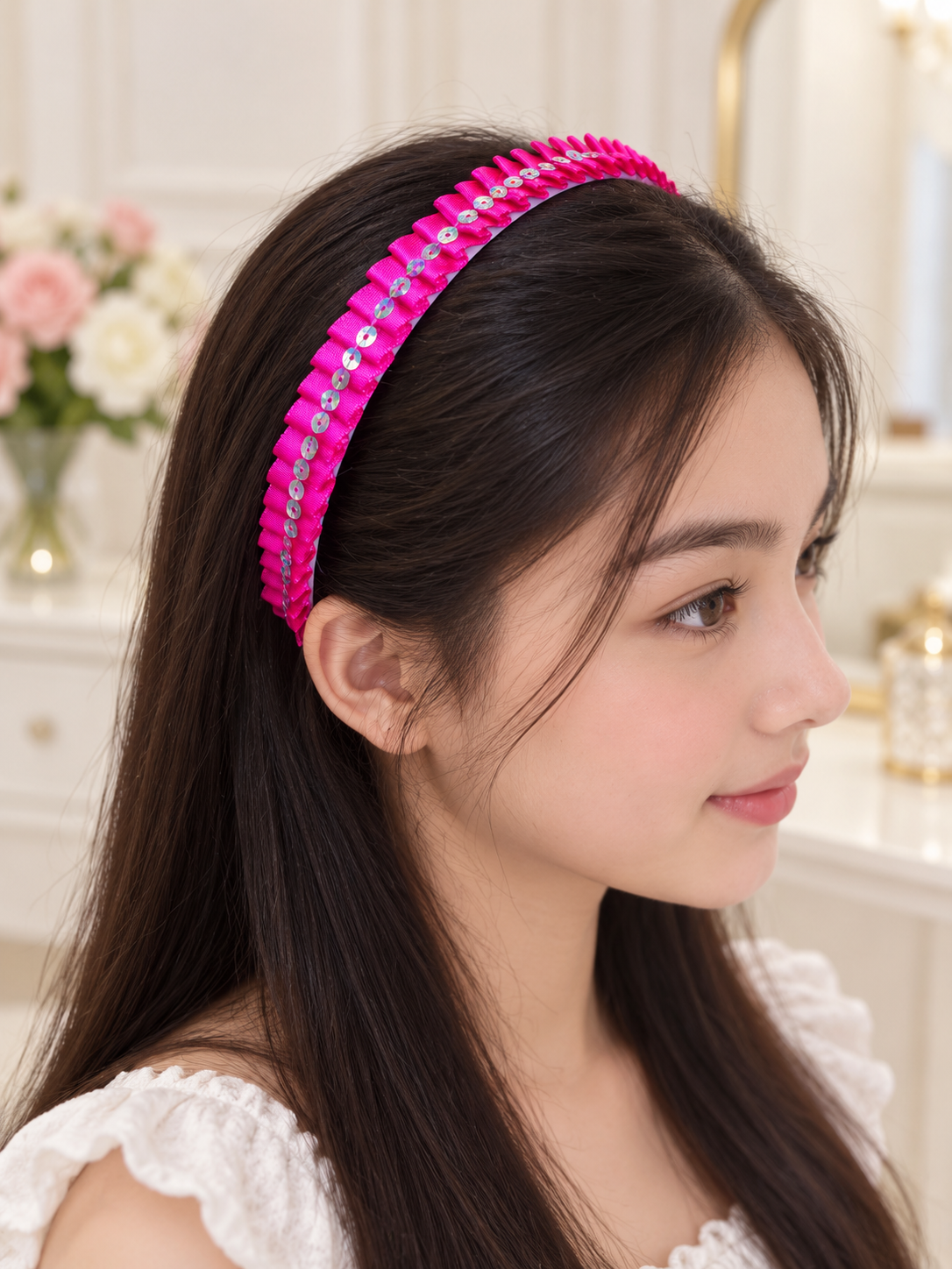 Handmade Fuchsia Pink Ribbon Headband with Iridescent Accents