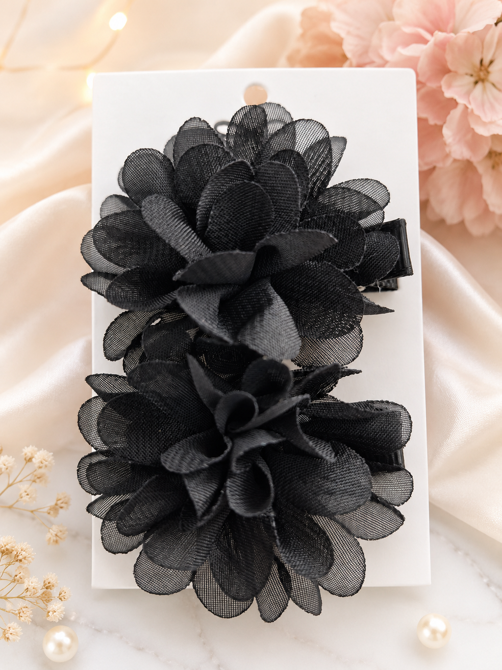 Black Chiffon Flower Hair Clips – Set of 2