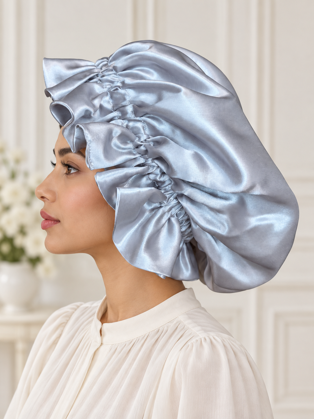 Silver Ruffle Satin Bonnet