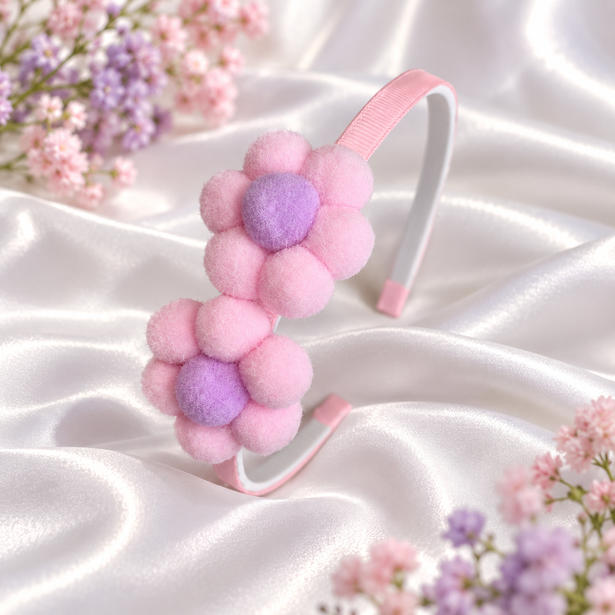 Pink & Lilac Pom-Pom Flower Headband for Girls
