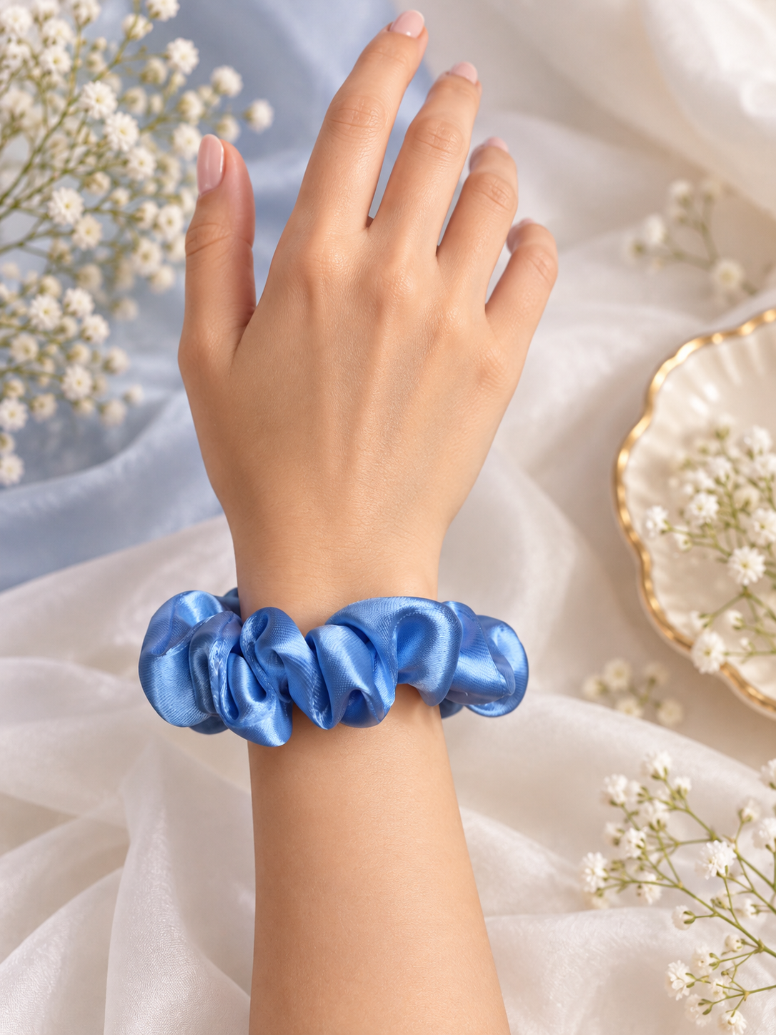 Sky Blue Satin Scrunchie – Handmade Hair Accessory