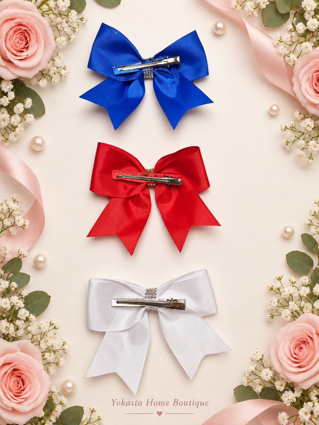 Royal Blue, Red & White Rhinestone Bow Set – 3 Pack