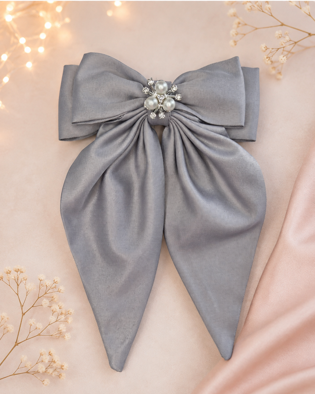 Silver Gray Pearl & Crystal Statement Hair Bow