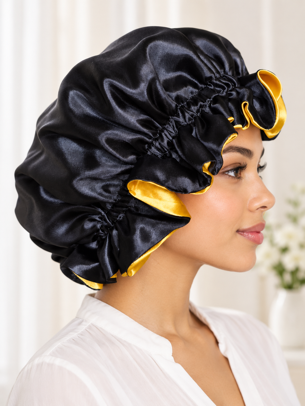 Black & Gold Reversible Satin Bonnet – Handmade with Ruffled Edge