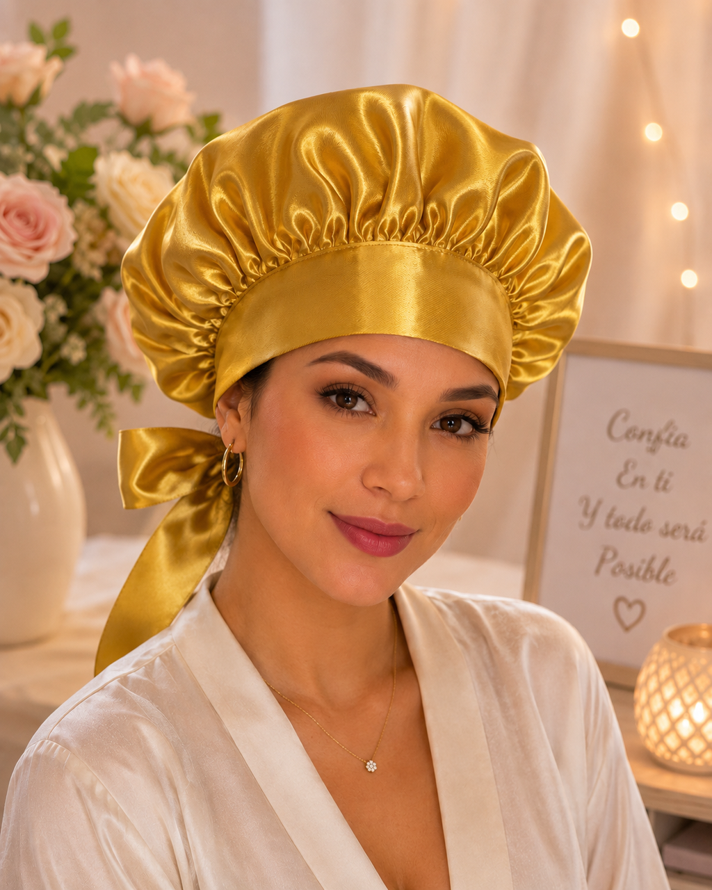 Gorro de satén dorado de doble capa