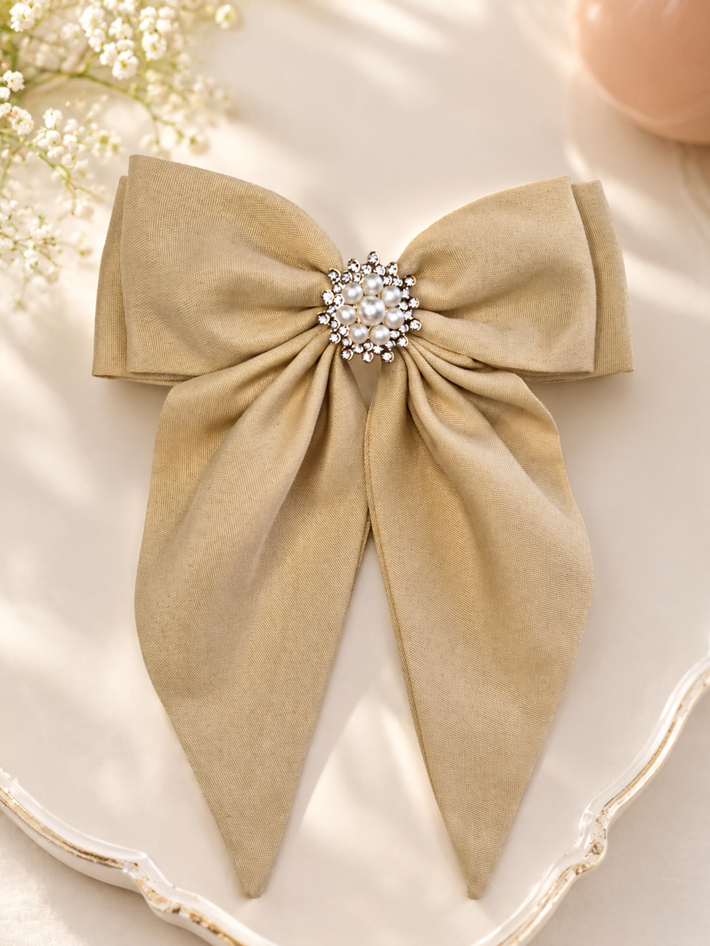 Elegant Beige Pearl & Rhinestone Hair Bow