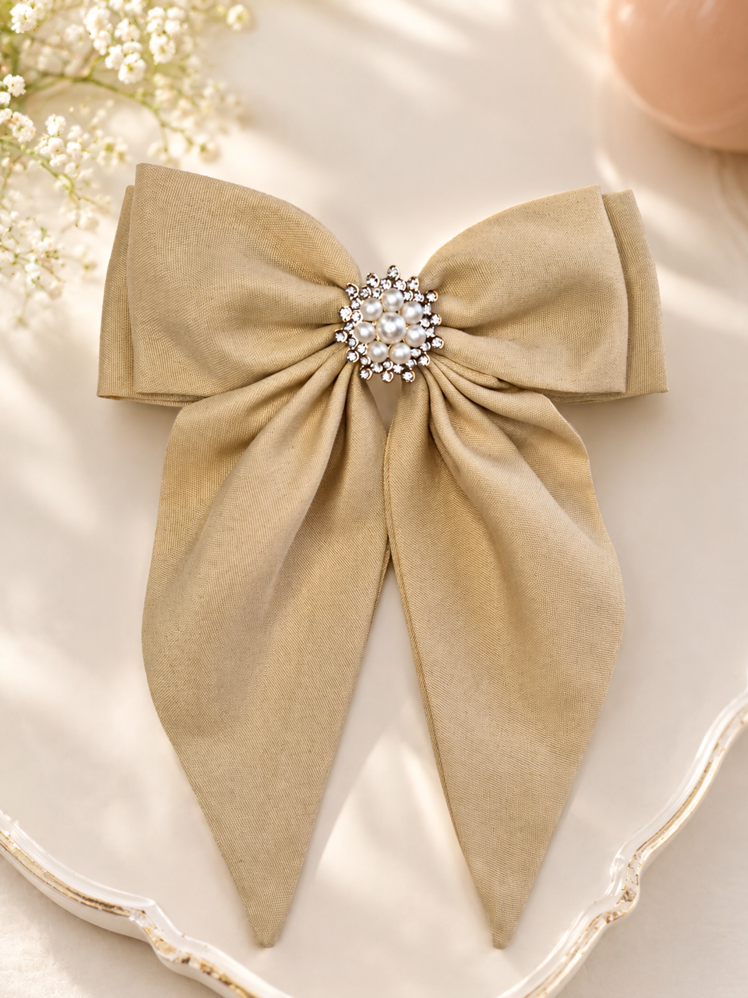 Elegant Beige Pearl & Rhinestone Hair Bow