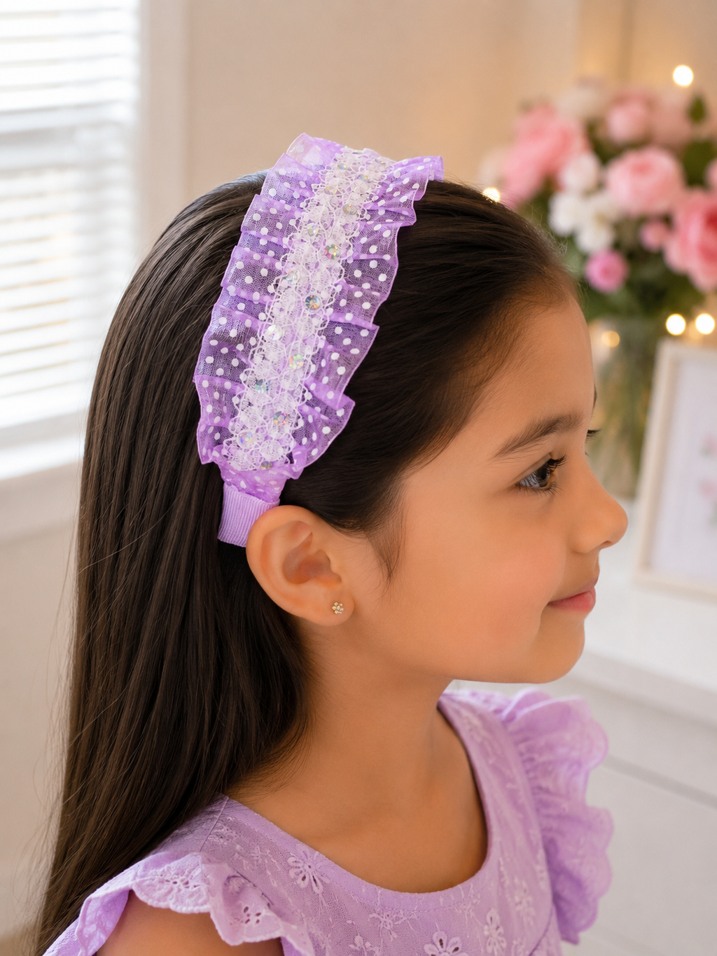 Lavender Polka Dot Ruffle Headband