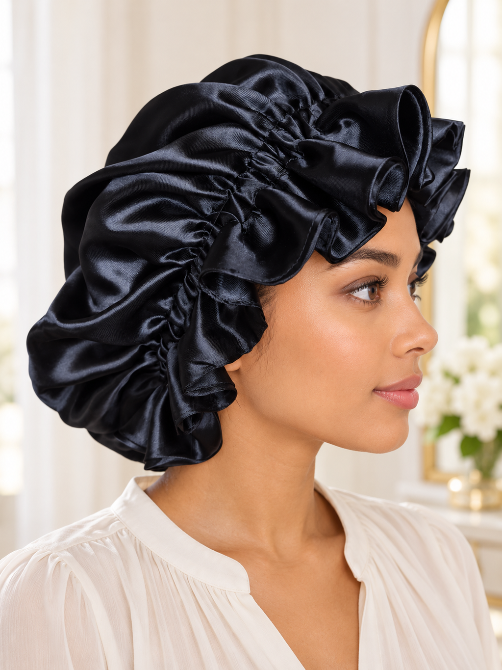 Midnight Elegance – Black Ruffled Satin Bonnet