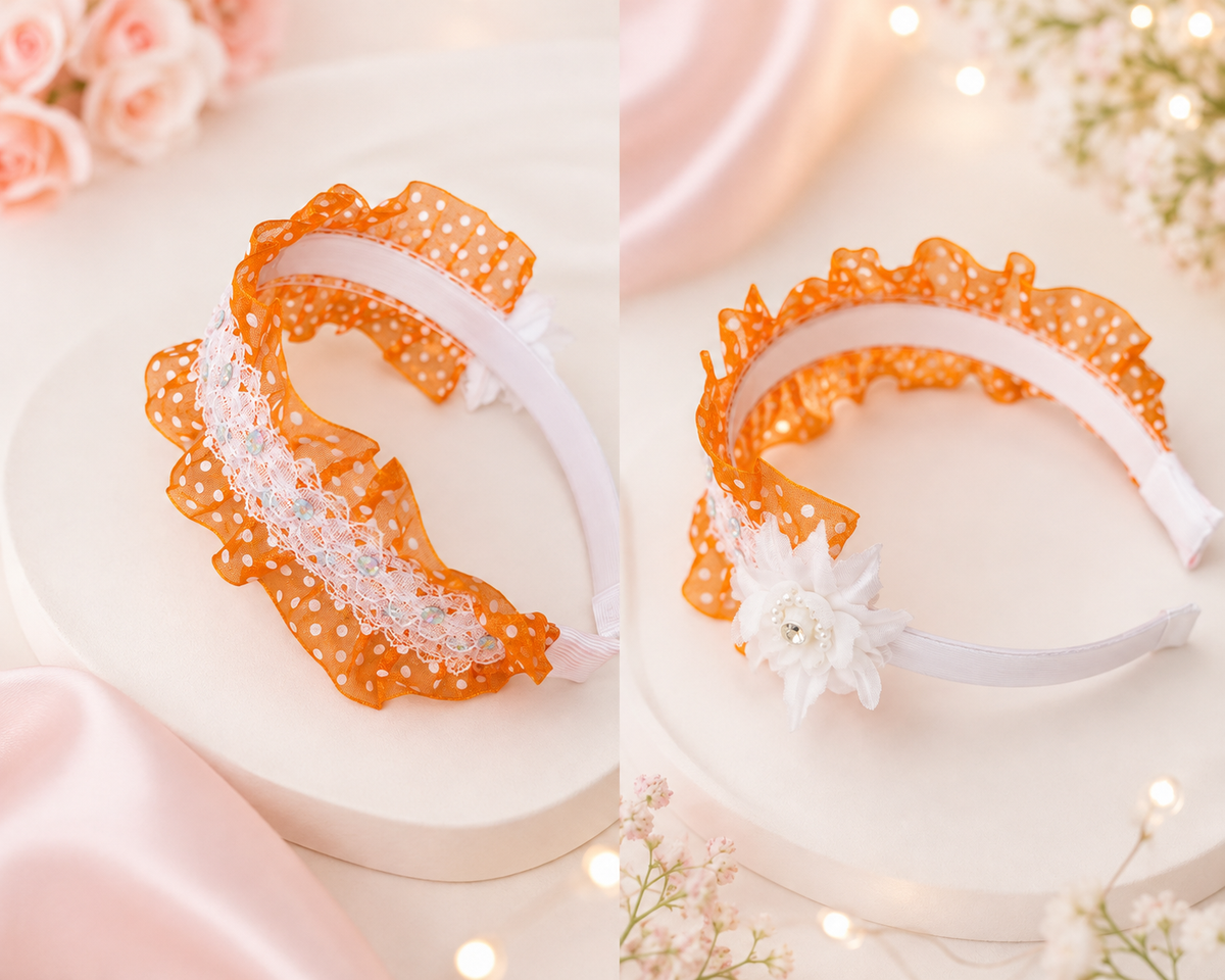 Orange Polka Dot Ruffle Headband with White Flower