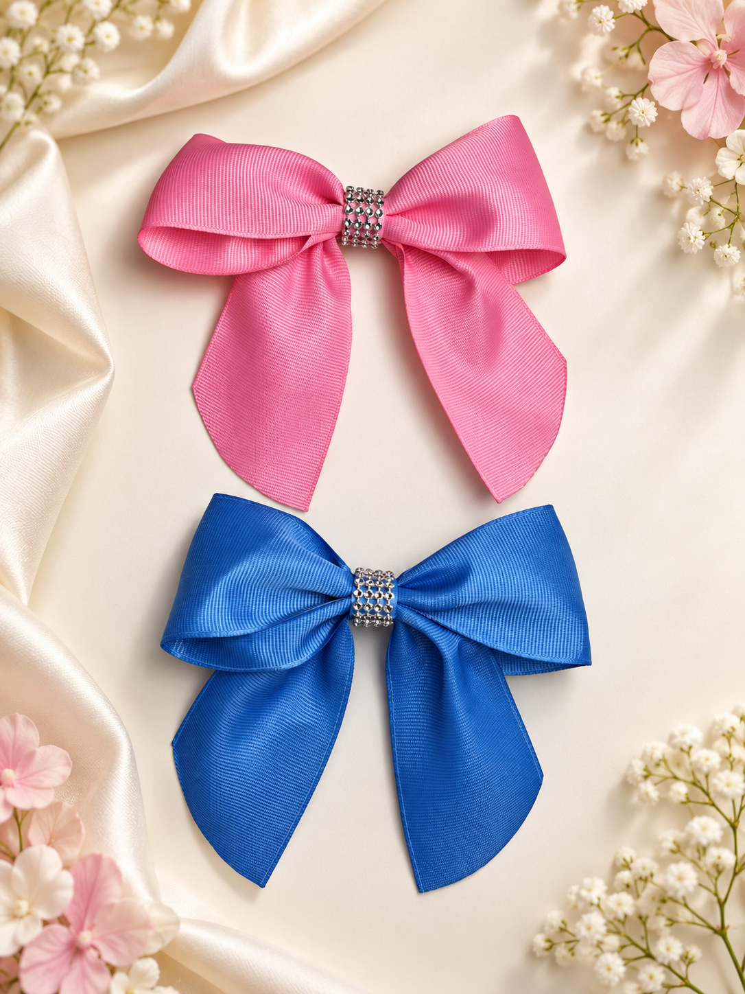 Pink & Royal Blue Rhinestone Bow Set – Handmade Hair Clips
