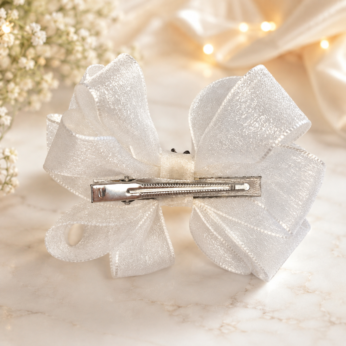 Pearl Blossom White Organza Hair Bow