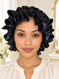 Midnight Elegance – Black Ruffled Satin Bonnet