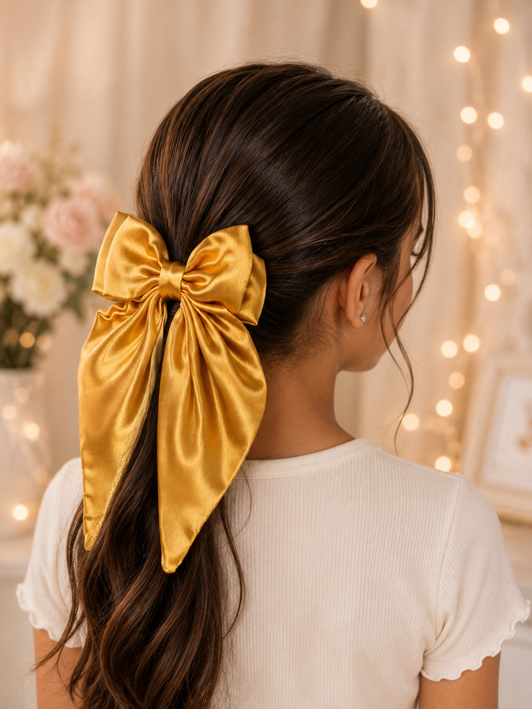 Golden Elegance Satin Bow with Long Tails – Handmade Hair Bow