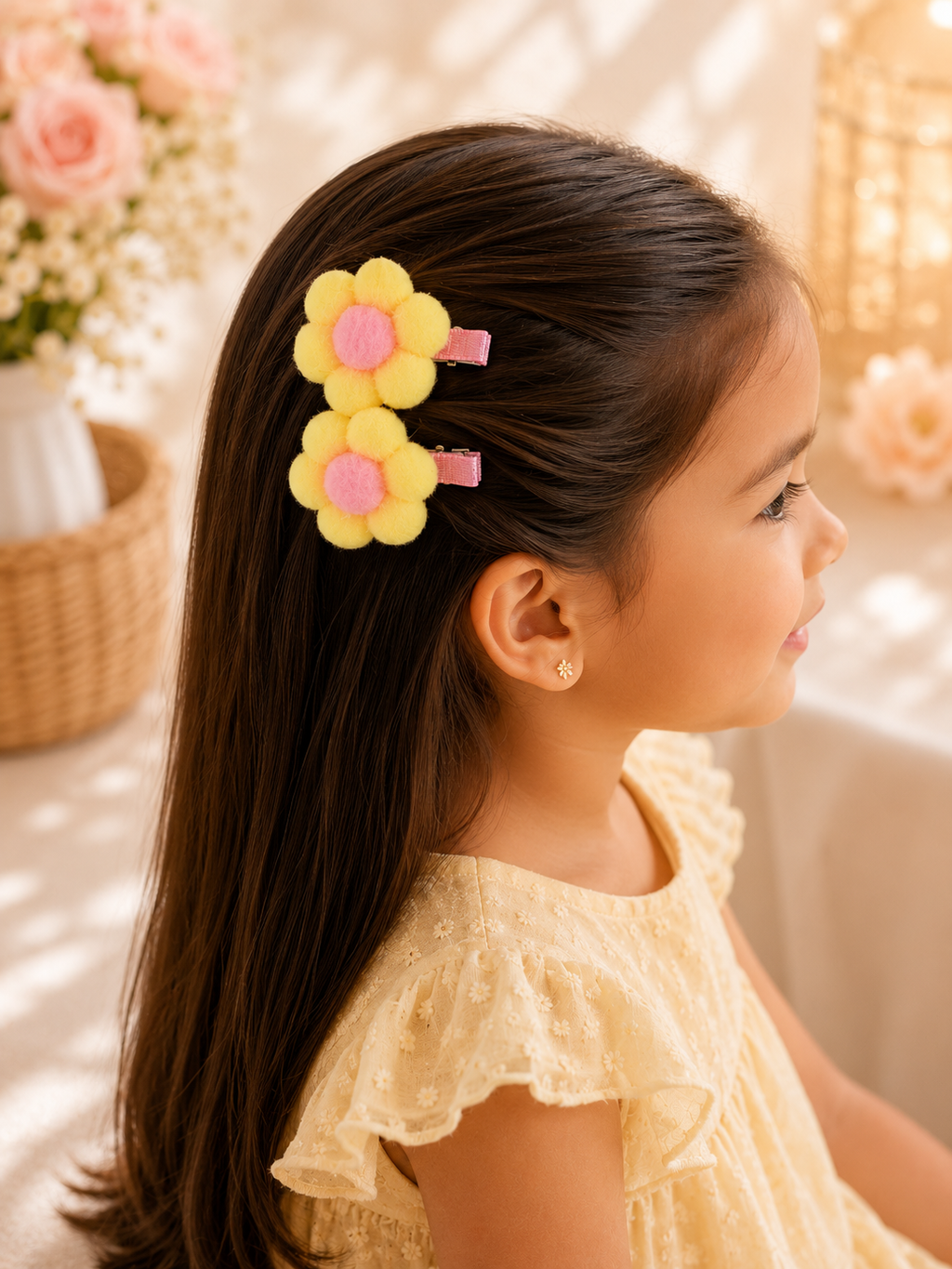 Yellow & Pink Pom-Pom Flower Hair Clips – Set of 2