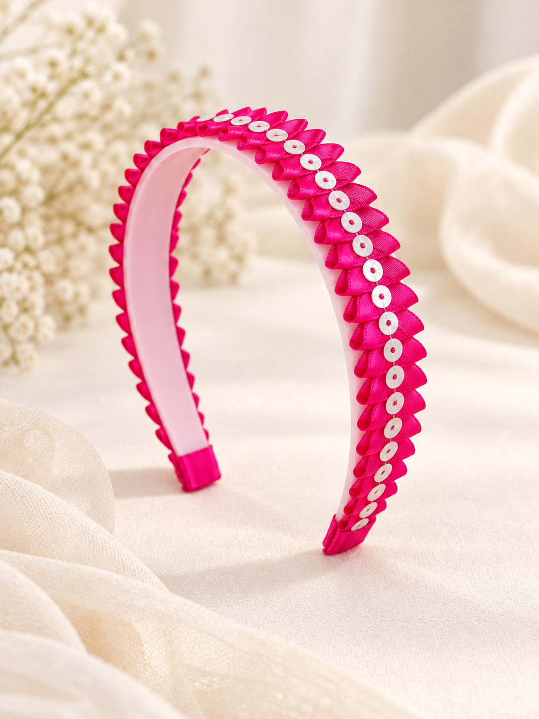 Handmade Fuchsia Pink Ribbon Headband with Iridescent Accents