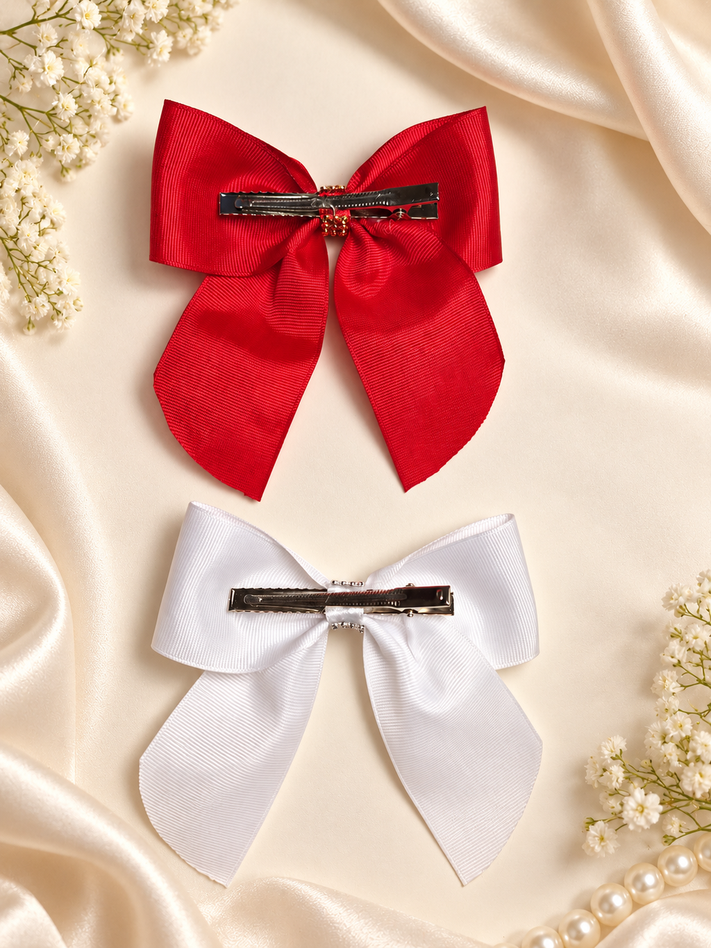 Handmade Red & White Bow Set with Rhinestone Centers