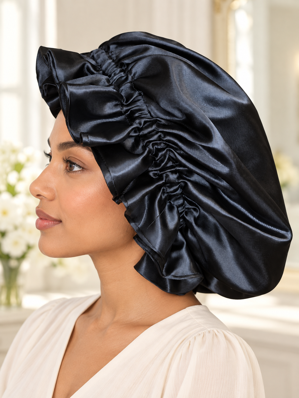 Midnight Elegance – Black Ruffled Satin Bonnet