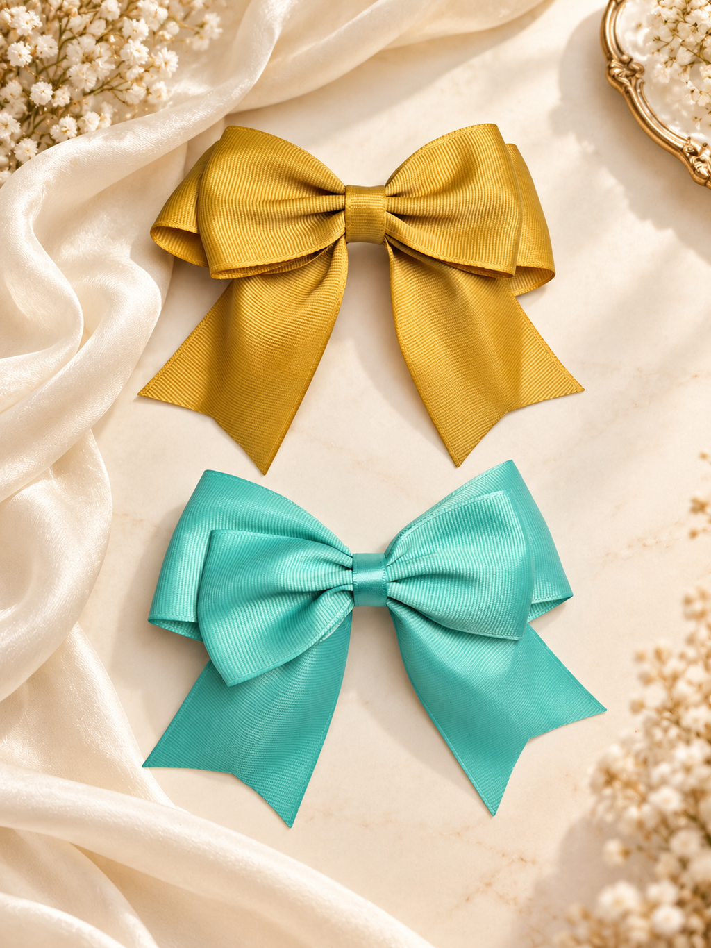 Handmade Grosgrain Hair Bow Set – Mustard Gold & Aqua (Set of 2)