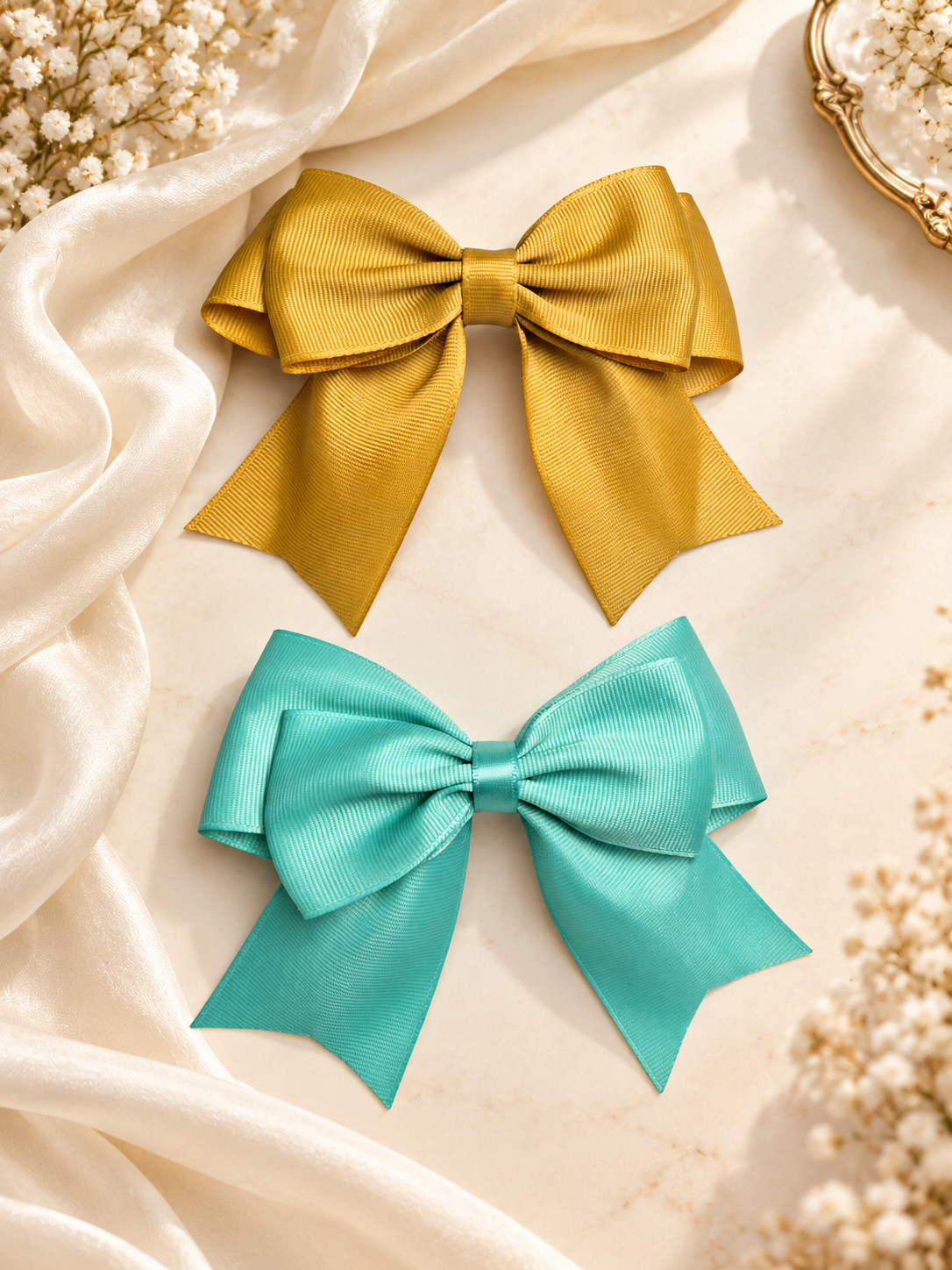 Handmade Grosgrain Hair Bow Set – Mustard Gold & Aqua (Set of 2)
