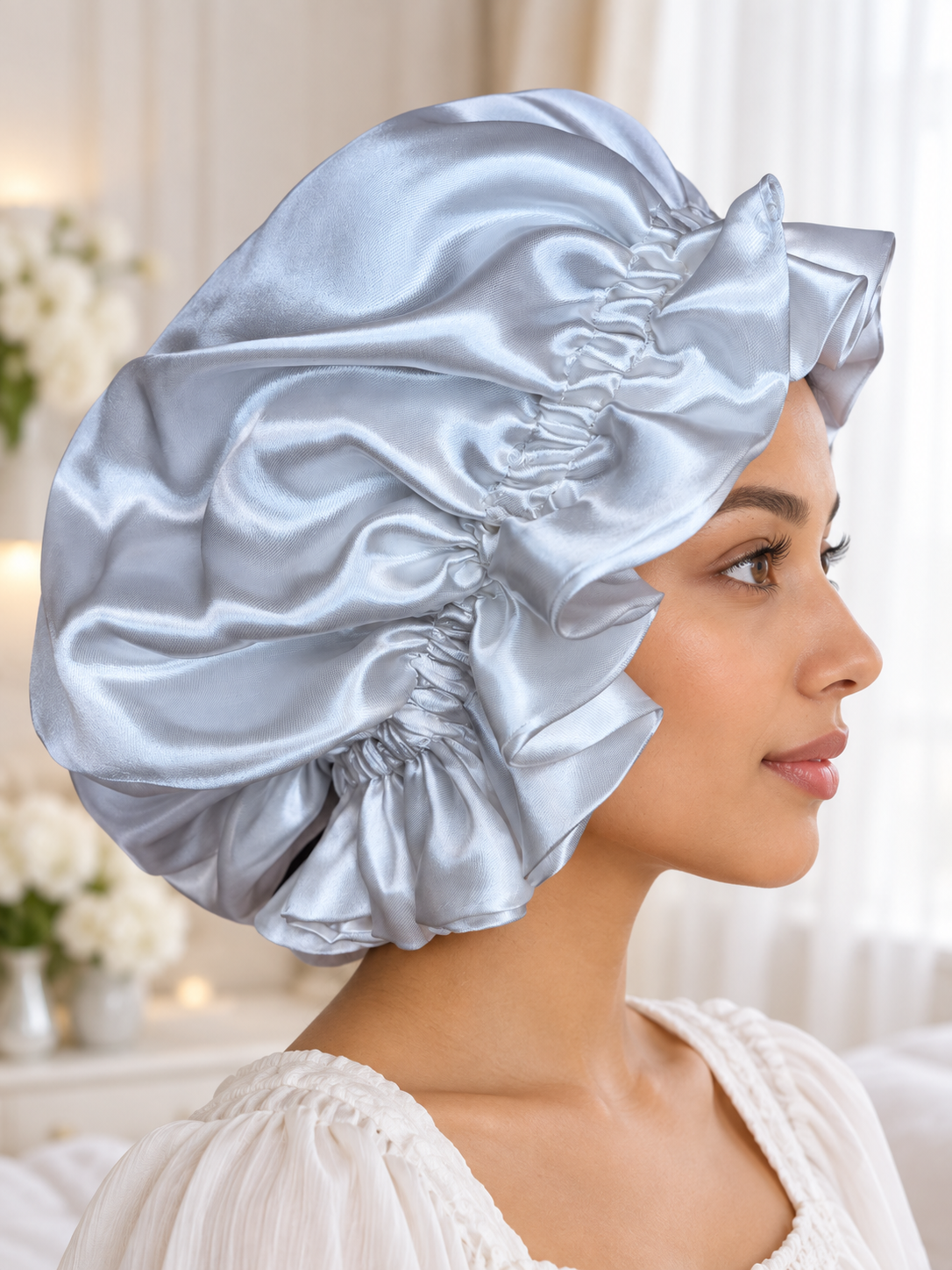 White & Gray Elegance Ruffled Satin Bonnet