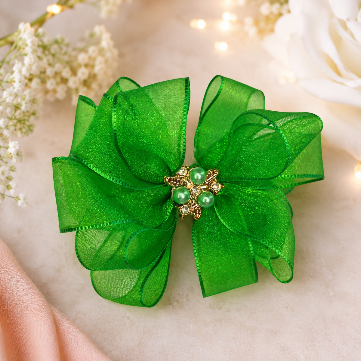 Emerald Pearl Organza Boutique Hair Bow