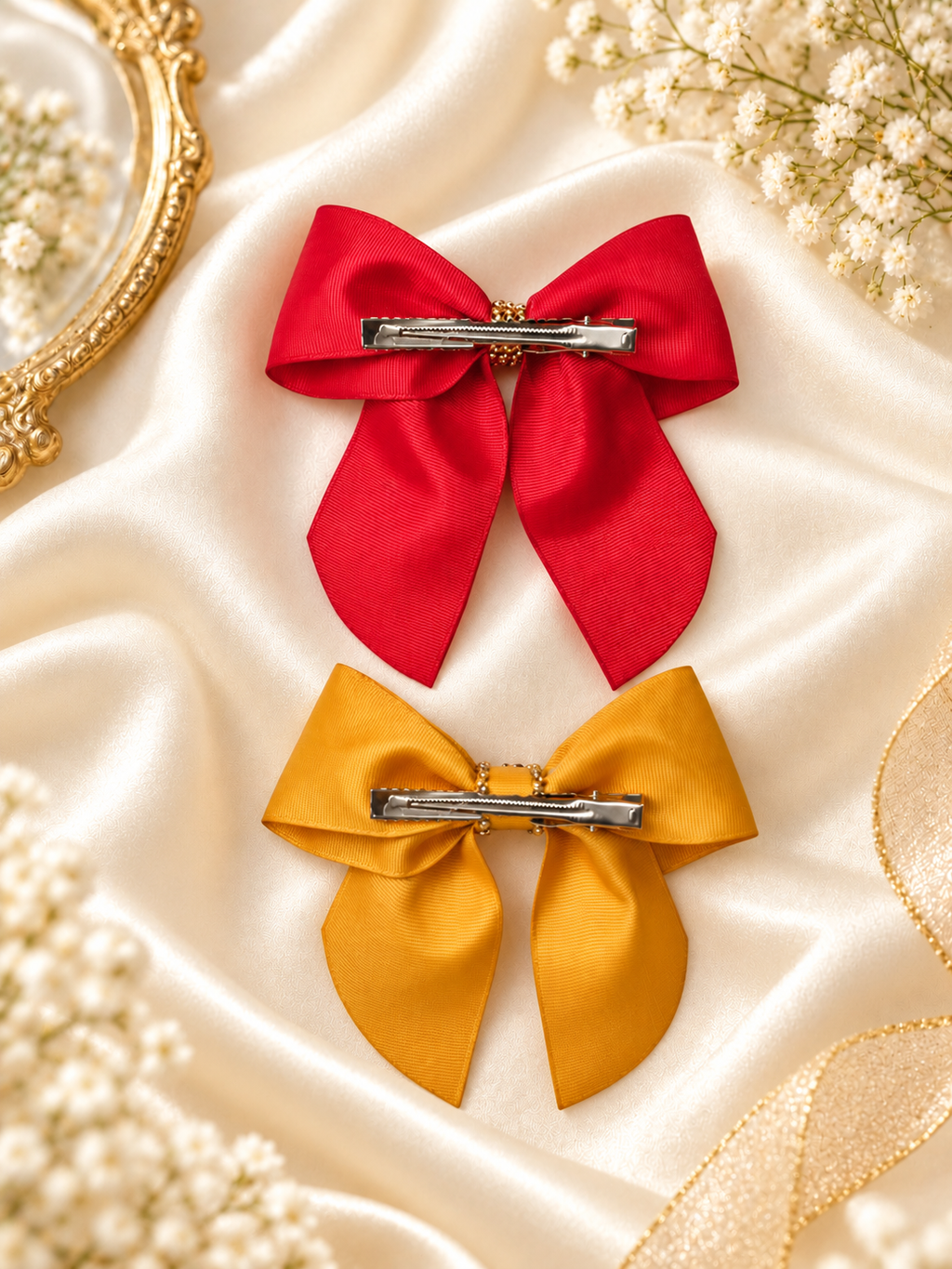Red & Mustard Rhinestone Hair Bow Set – 2 Pack