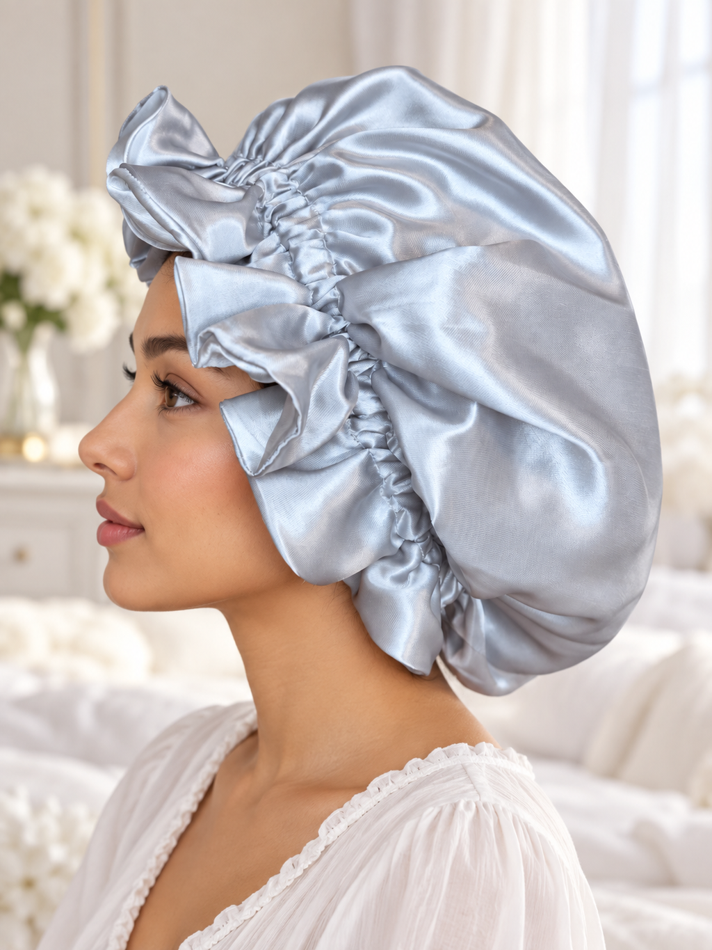 White & Gray Elegance Ruffled Satin Bonnet