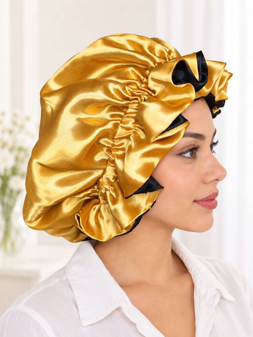 Black & Gold Reversible Satin Bonnet – Handmade with Ruffled Edge
