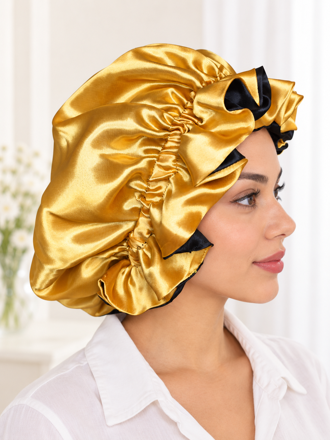 Black & Gold Reversible Satin Bonnet – Handmade with Ruffled Edge