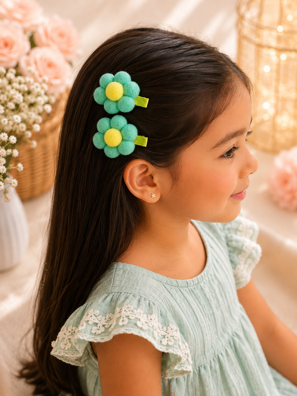 Mint Green & Yellow Pom-Pom Flower Hair Clips – Set of 2