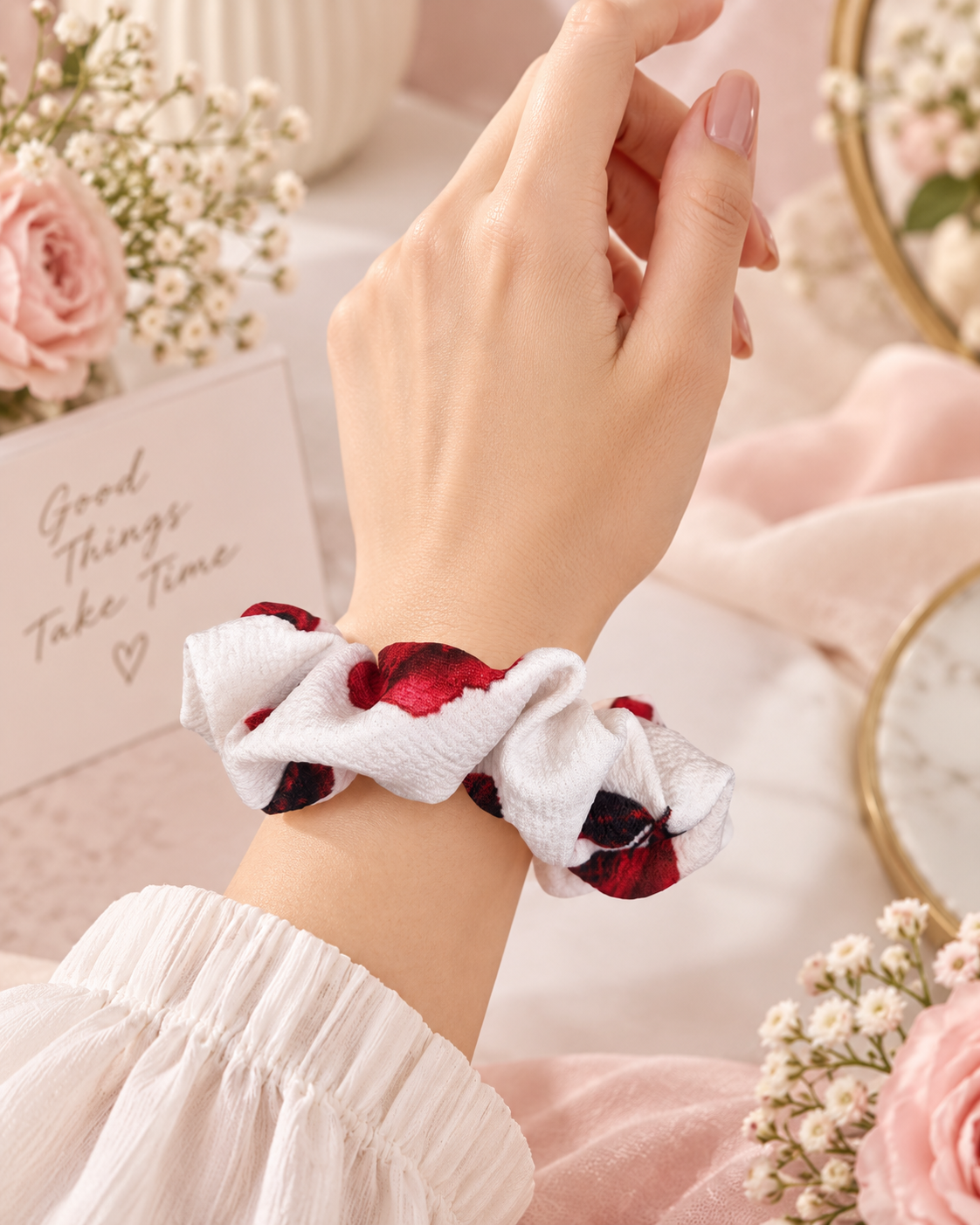 Ruby Bloom Floral Scrunchie – Handmade Hair Accessory