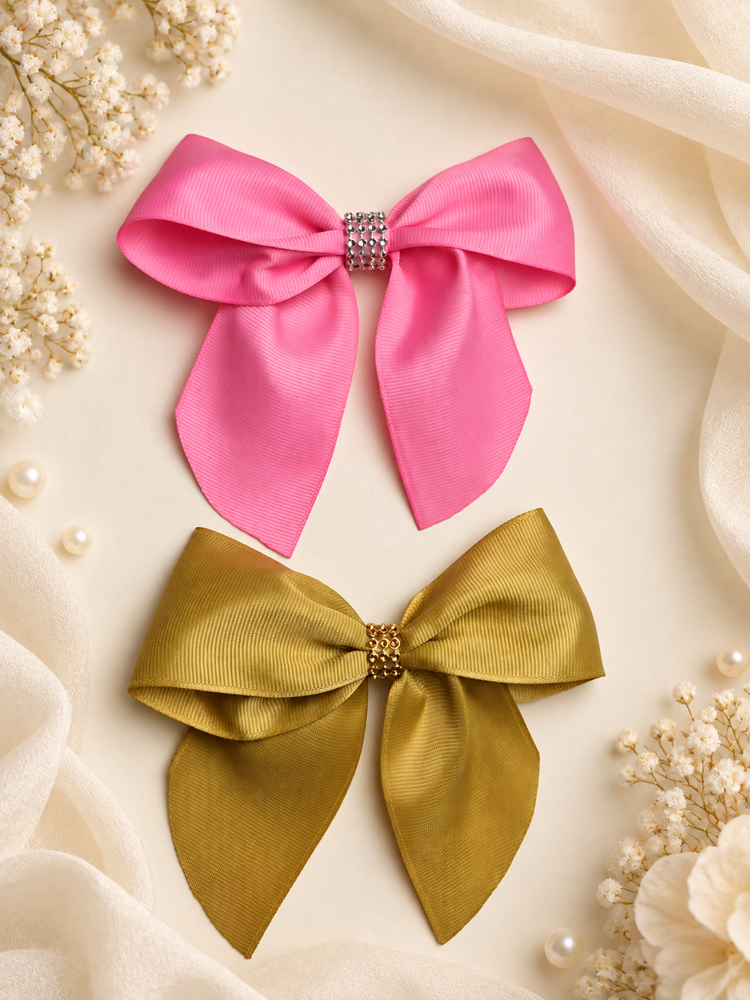 Pink & Mustard Gold Bow Set – 2 Handmade Grosgrain Hair Bows