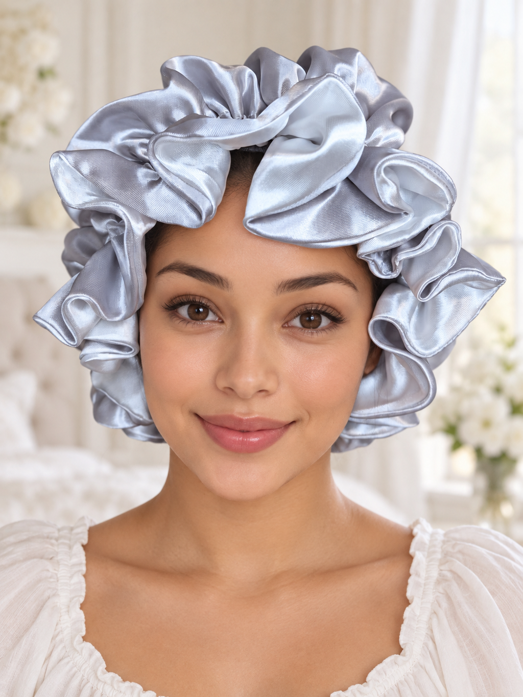 White & Gray Elegance Ruffled Satin Bonnet