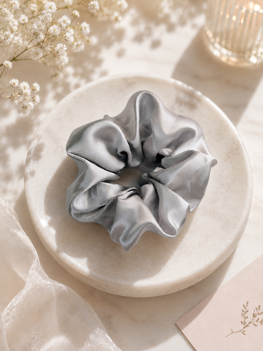 Silver Satin Scrunchie