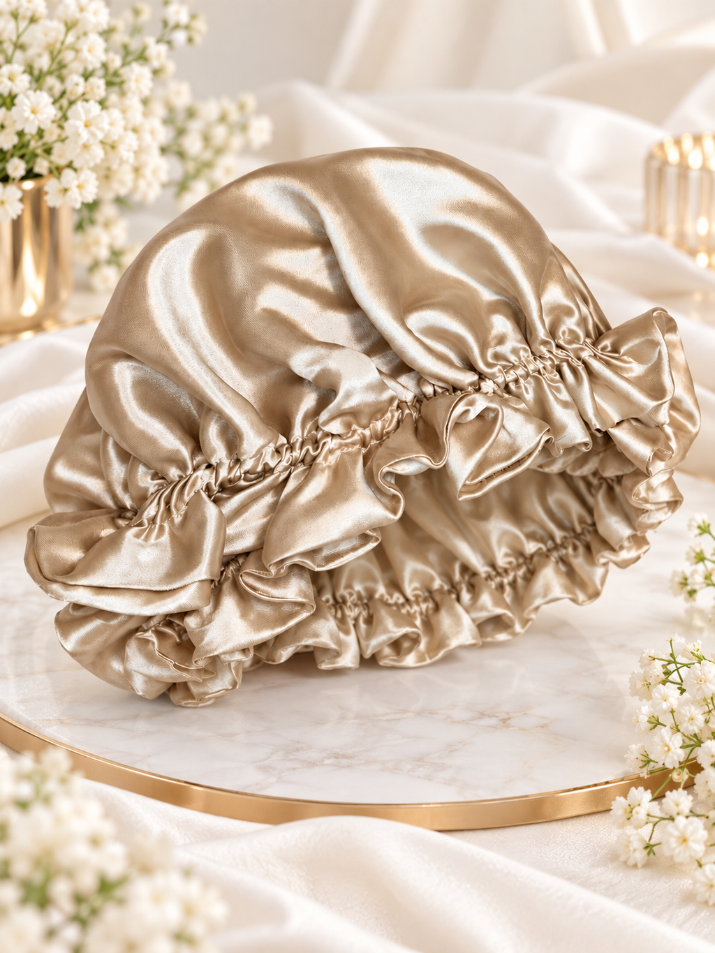 Bonnet en satin champagne à bordure volantée