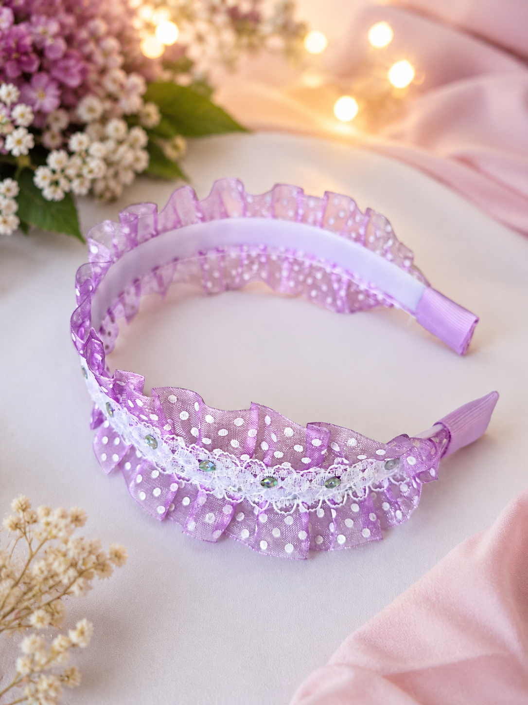 Lavender Polka Dot Ruffle Headband