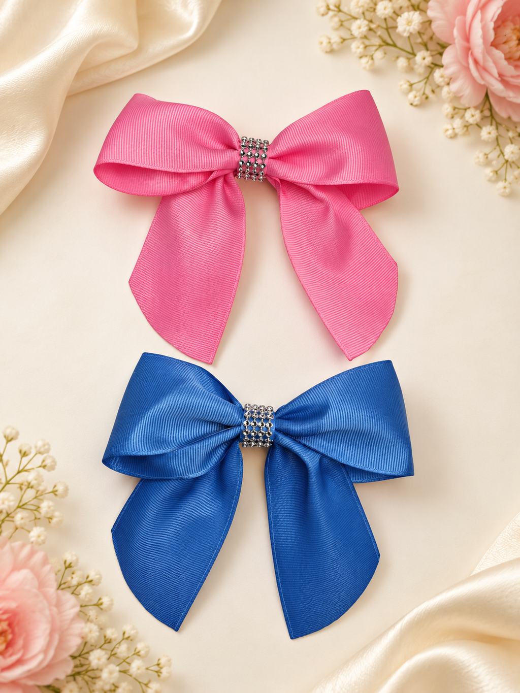 Juego de lazos con pedrería rosa y azul real – Pasadores para el cabello hechos a mano