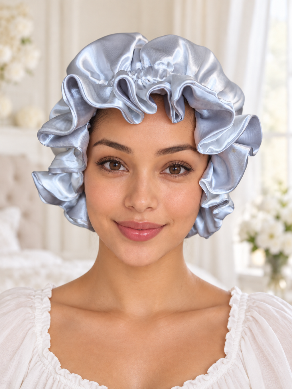 White & Gray Elegance Ruffled Satin Bonnet