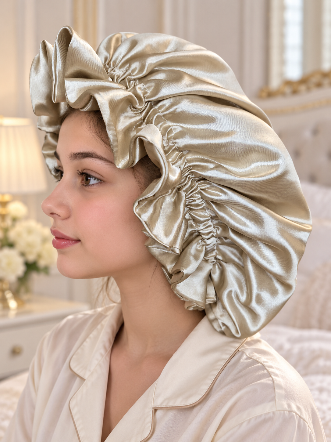 Champagne Satin Bonnet with Ruffled Edge