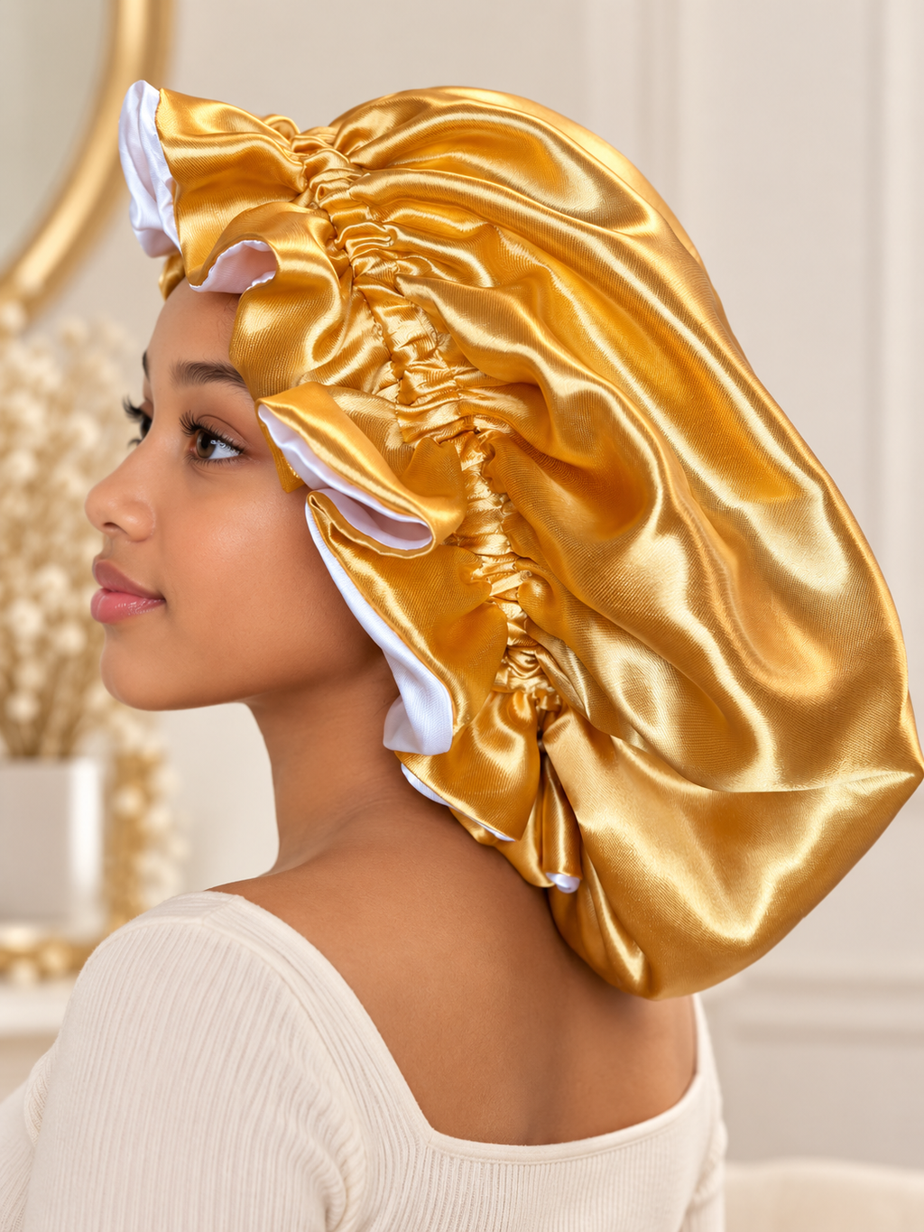 Reversible Satin Bonnet – Gold & White