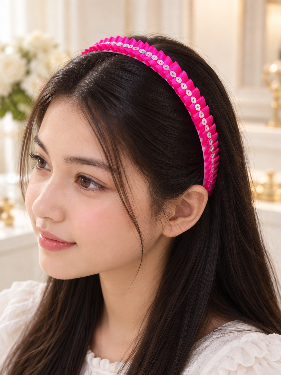 Handmade Fuchsia Pink Ribbon Headband with Iridescent Accents
